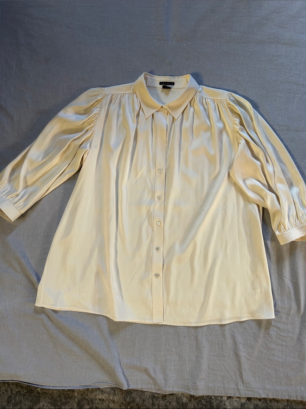 Theory Silk Cream Button-Down Blouse with Soft Gathering